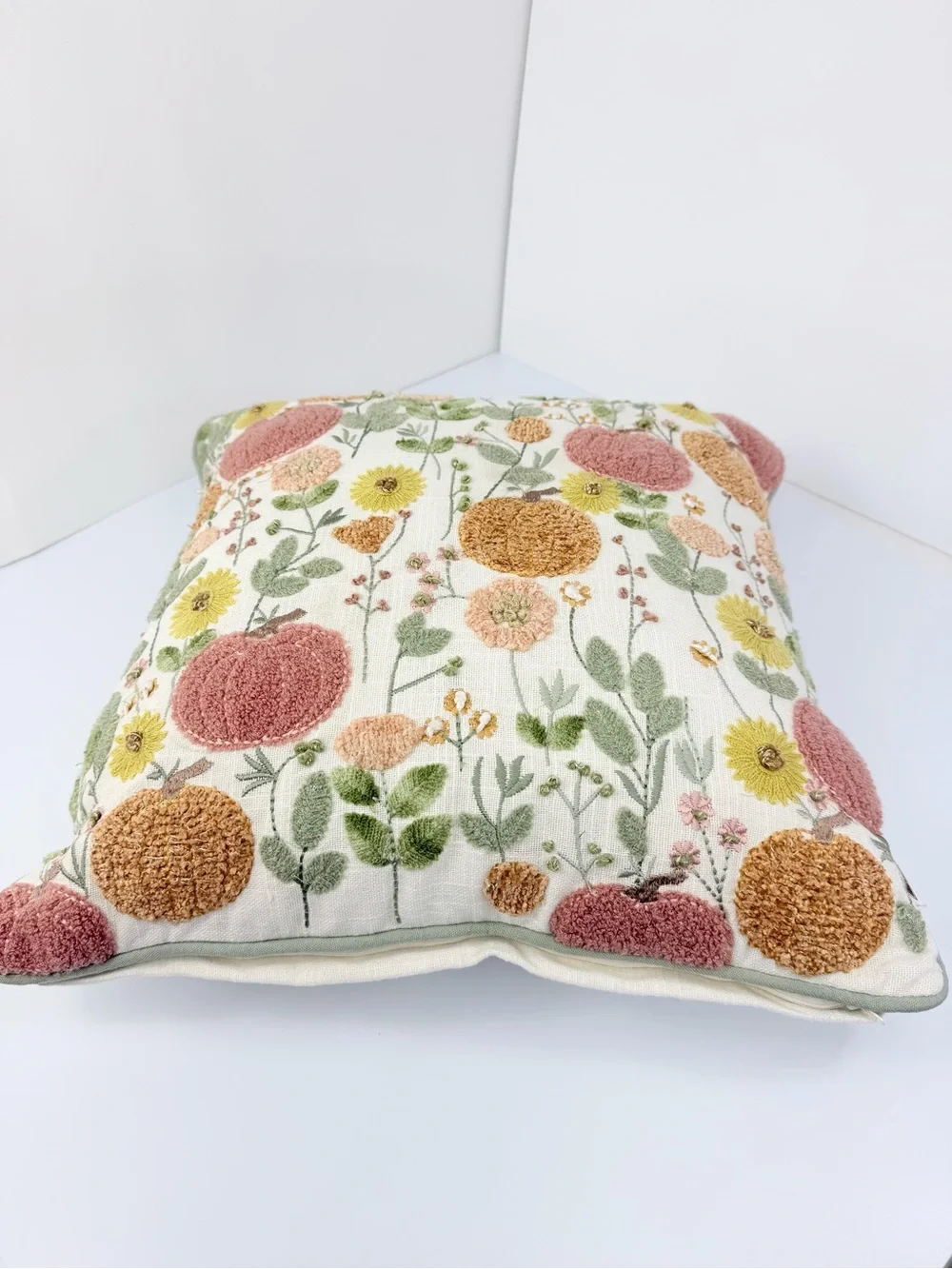 Gardeners Eden Cream Pumpkin Embroidered Soft Woven Sparkle Fall Accent Pillow